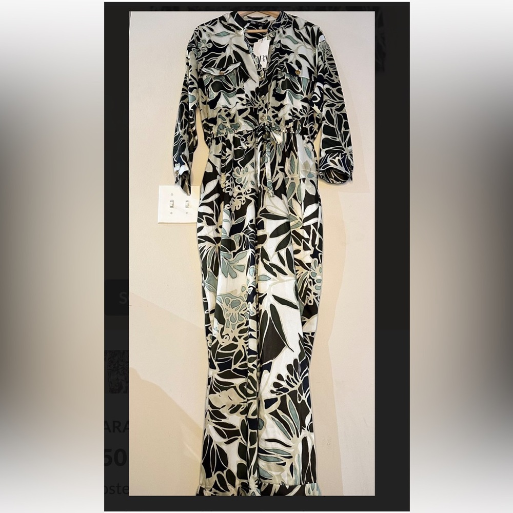 ZARA khaki green tropical print long sleeve jumpsuit